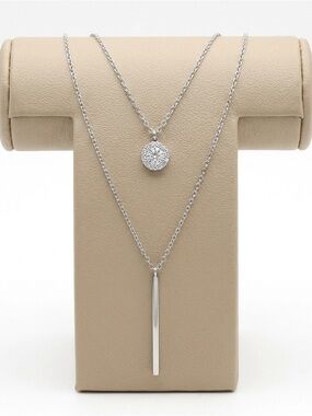 New Woman’s Layered Silver Necklace with Sparkling Circle Charm and Silver Bar